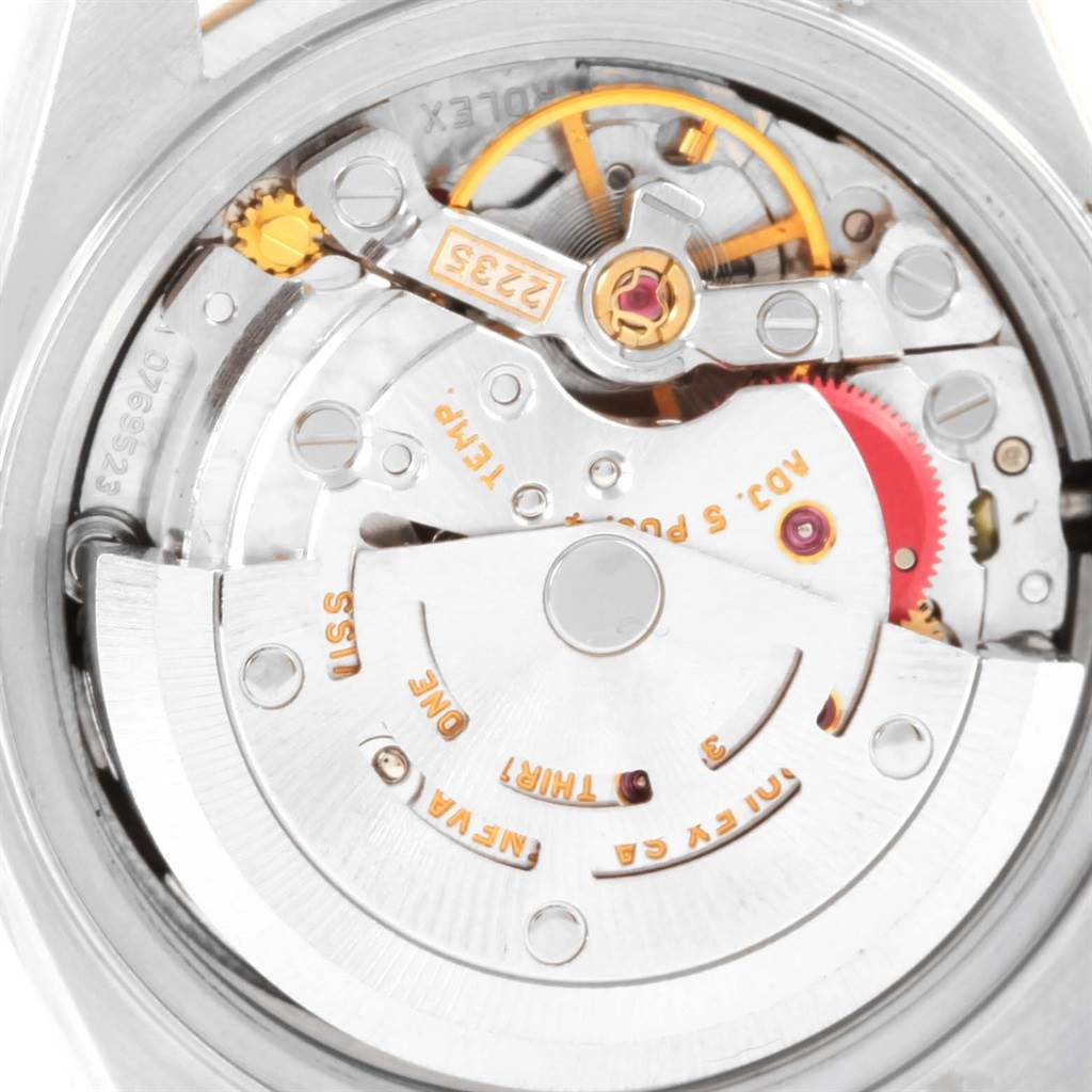 The image shows the movement mechanism of a Rolex Datejust 79173 Women's Steel and Gold (two tone) Black Dial 79173 Women's Steel and Gold (two tone) Black Dial watch from a close-up, rear view angle.