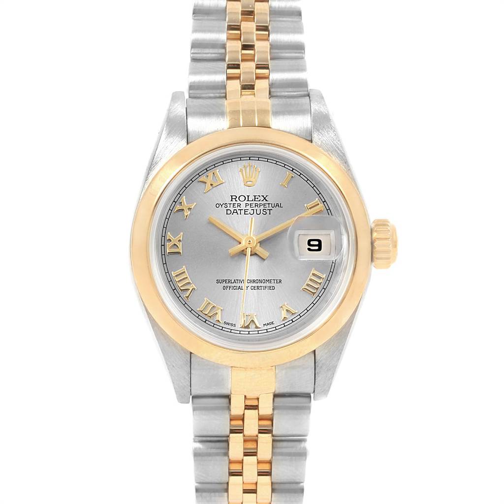 The image shows a frontal view of the Rolex Datejust 79163 Women
s Steel and Gold (two tone) Grey Dial 79163 Women
s Steel and Gold (two tone) Grey Dial watch, displaying the face, bezel, crown, and bracelet.