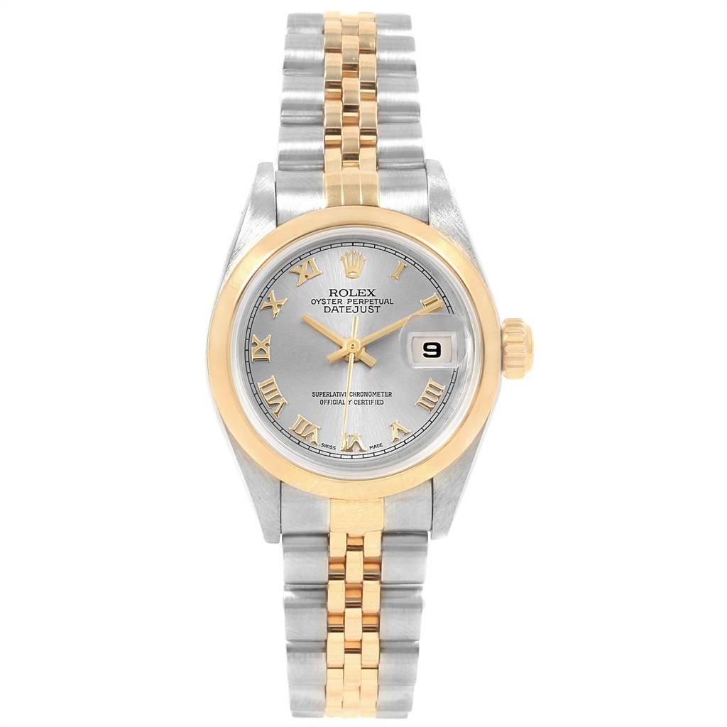 This image shows a Rolex Datejust 79163 Women
s Steel and Gold (two tone) Grey Dial 79163 Women
s Steel and Gold (two tone) Grey Dial watch from a top-down angle displaying its face, bezel, and Jubilee bracelet.