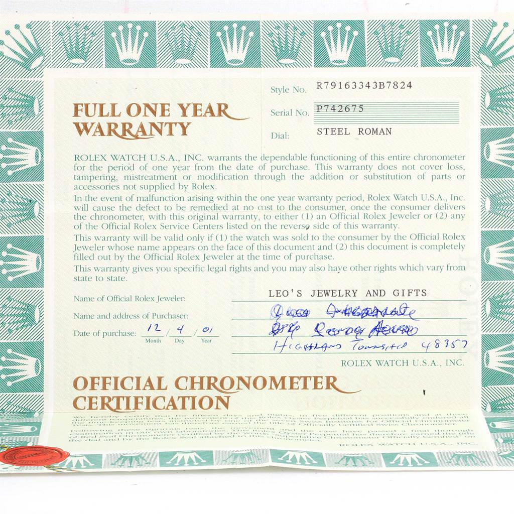 This image shows the warranty document for a Rolex Datejust 79163 Women
s Steel and Gold (two tone) Grey Dial 79163 Women
s Steel and Gold (two tone) Grey Dial model watch.