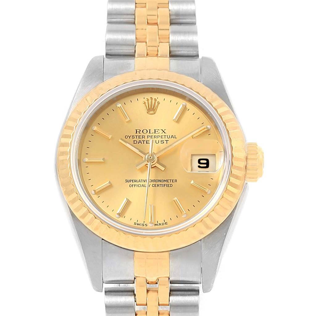 The image shows a Rolex Datejust 79173 Women's Steel and Gold (two tone) Champagne Dial 79173 Women's Steel and Gold (two tone) Champagne Dial watch from the front, displaying its dial, bezel, and part of the bracelet.