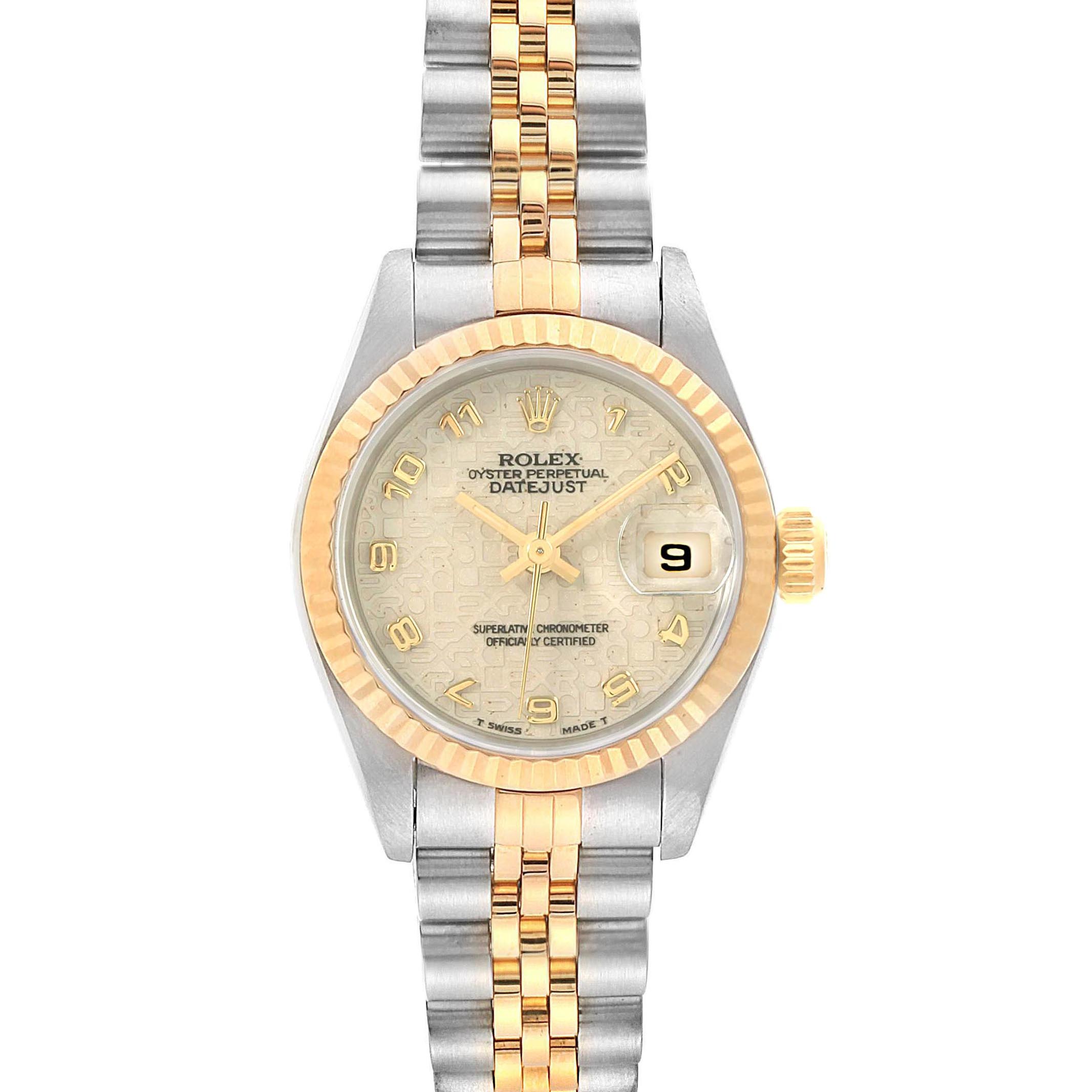 The image shows a front view of a Rolex Datejust 69173 Women's Stainless Steel Beige Dial 69173 Women's Stainless Steel Beige Dial watch, highlighting its dial, bezel, and bracelet.