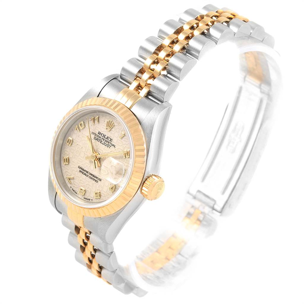 The image shows a Rolex Datejust 69173 Women's Stainless Steel Beige Dial 69173 Women's Stainless Steel Beige Dial watch at a three-quarter angle, highlighting the dial, case, bezel, and two-tone bracelet.