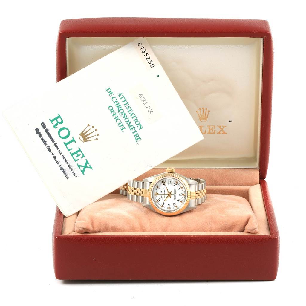 The image shows a Rolex Datejust 69173 Women's Stainless Steel White Dial 69173 Women's Stainless Steel White Dial watch inside a red box, accompanied by official documentation.