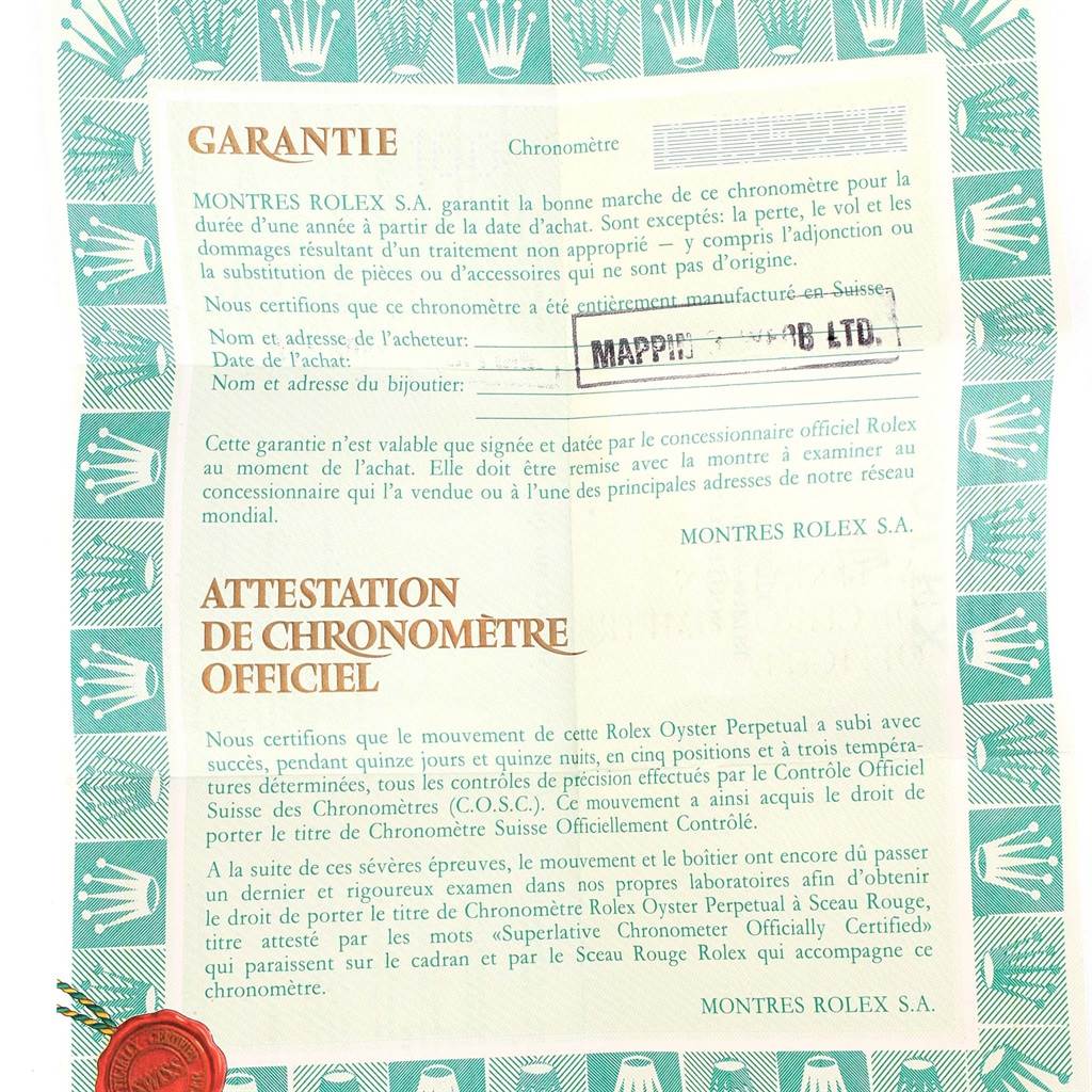 The image shows the warranty certificate for a Rolex Datejust 69173 Women's Stainless Steel White Dial 69173 Women's Stainless Steel White Dial watch.