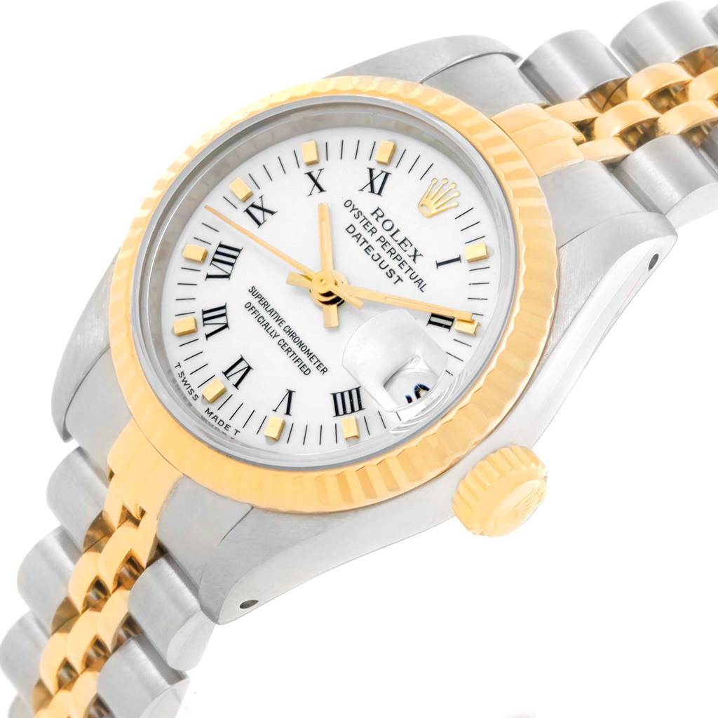 The Rolex Datejust 69173 Women's Stainless Steel White Dial 69173 Women's Stainless Steel White Dial is shown at an angle highlighting the dial, bezel, crown, and part of the bracelet.