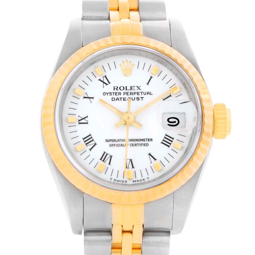 The image shows a Rolex Datejust 69173 Women's Stainless Steel White Dial 69173 Women's Stainless Steel White Dial watch from a front view, displaying the dial, bezel, crown, and part of the bracelet.