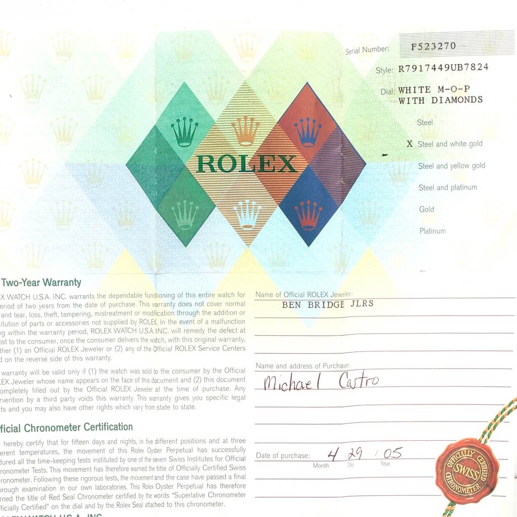 This is a Rolex Datejust 79174 Women's Stainless Steel Mother of Pearl Dial 79174 Women's Stainless Steel Mother of Pearl Dial warranty document, showcasing details like serial and style numbers, dial type, and jeweler information.