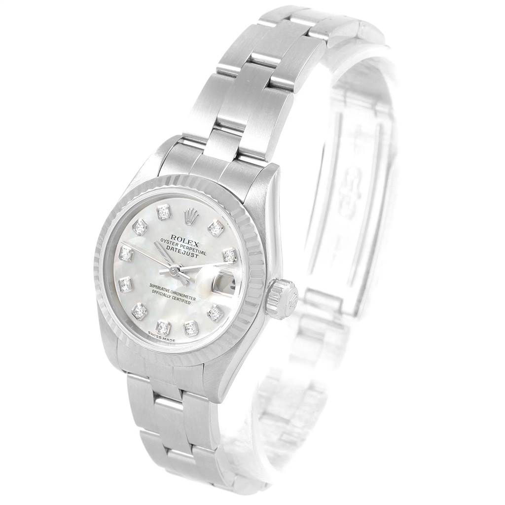 This image shows a Rolex Datejust 79174 Women's Stainless Steel Mother of Pearl Dial 79174 Women's Stainless Steel Mother of Pearl Dial watch from a front-angle view, highlighting its face, bezel, crown, and bracelet.