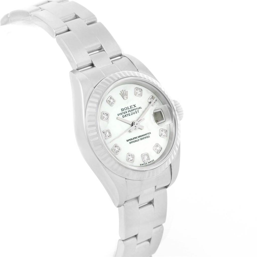 The image shows a Rolex Datejust 79174 Women's Stainless Steel Mother of Pearl Dial 79174 Women's Stainless Steel Mother of Pearl Dial watch angled to display its face, bezel, and bracelet.