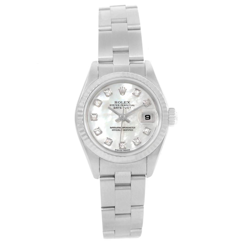 The image shows a front view of a Rolex Datejust 79174 Women's Stainless Steel Mother of Pearl Dial 79174 Women's Stainless Steel Mother of Pearl Dial watch, highlighting its face, bracelet, and date display.