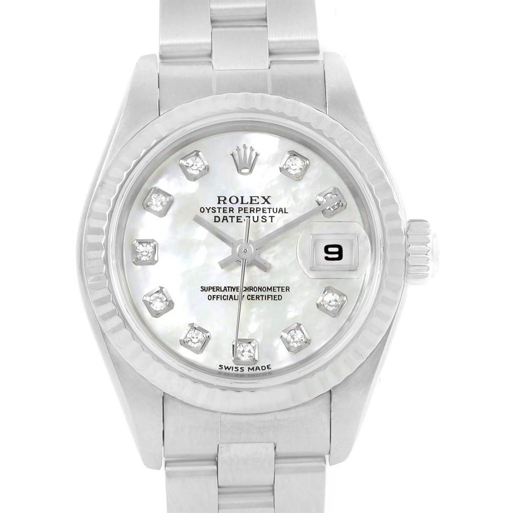 This image shows a front view of the Rolex Datejust 79174 Women's Stainless Steel Mother of Pearl Dial 79174 Women's Stainless Steel Mother of Pearl Dial watch, highlighting its face, bezel, and part of the bracelet.