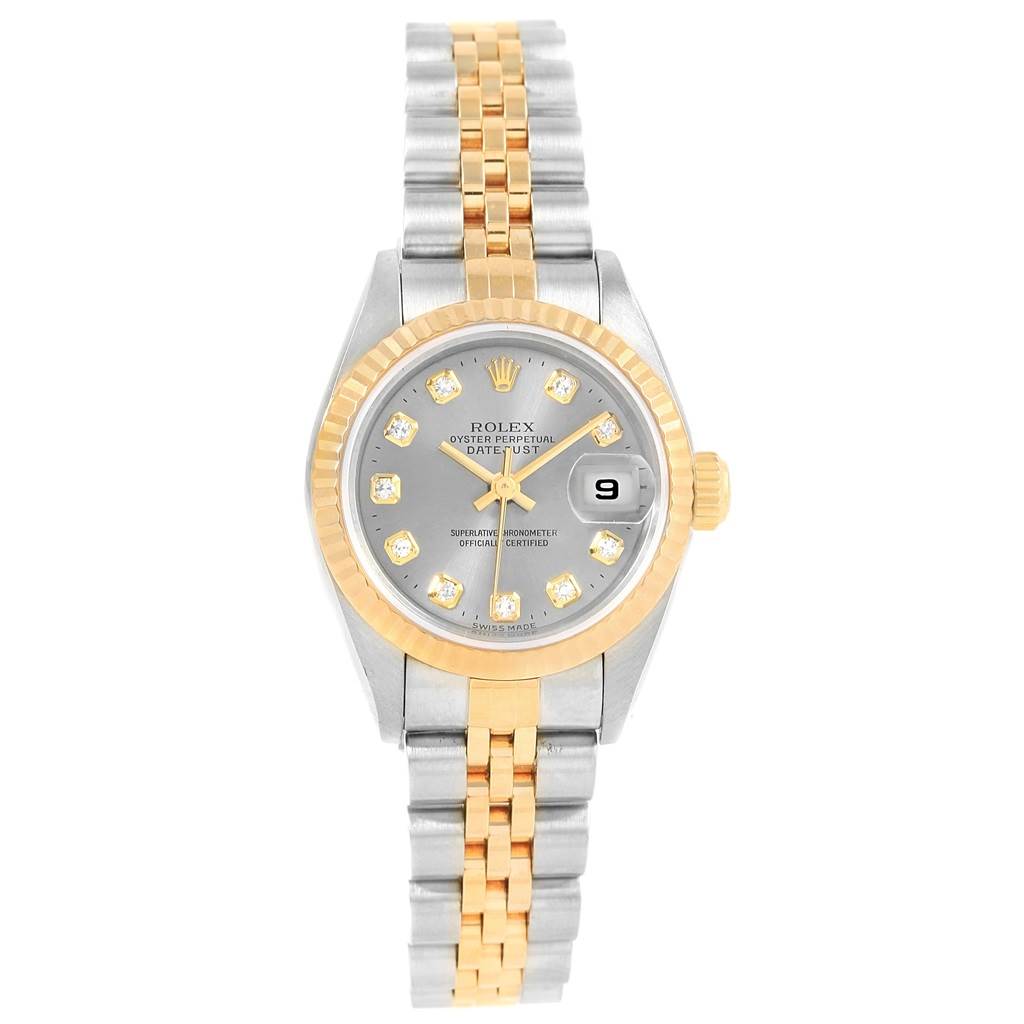 The Rolex Datejust 79173 Women's Stainless Steel Silver Dial 79173 Women's Stainless Steel Silver Dial watch is shown from a top-down angle displaying its face, bezel, and bracelet.