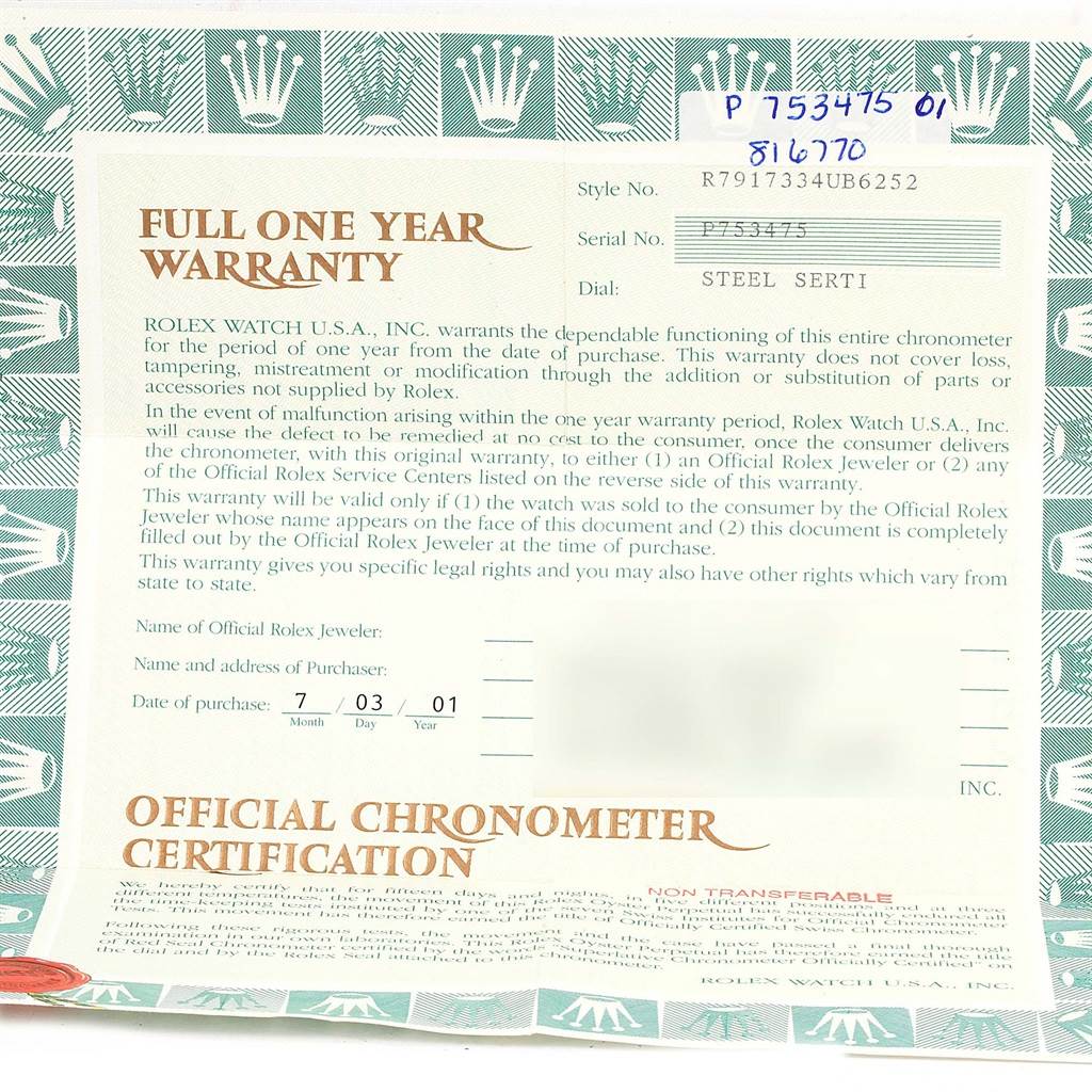 The image shows a flat-lay view of the warranty card and certification for a Rolex Datejust 79173 Women's Stainless Steel Silver Dial 79173 Women's Stainless Steel Silver Dial model watch.