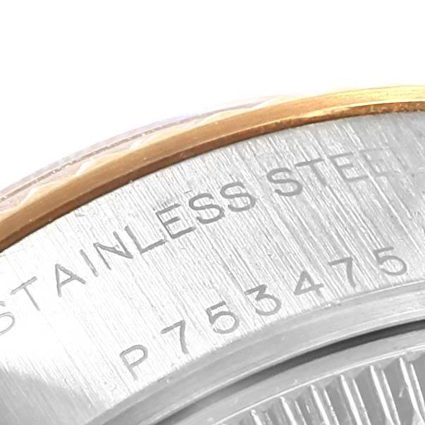 The image shows a close-up of the case back of a Rolex Datejust 79173 Women's Stainless Steel Silver Dial 79173 Women's Stainless Steel Silver Dial watch, highlighting the stainless steel and reference number.
