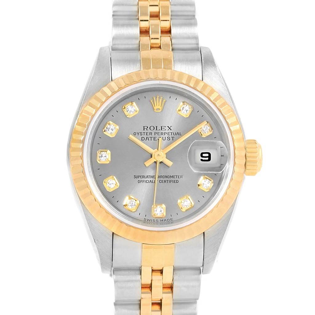 The Rolex Datejust 79173 Women's Stainless Steel Silver Dial 79173 Women's Stainless Steel Silver Dial watch is shown from a top-down angle, highlighting its dial, bezel, and bracelet.