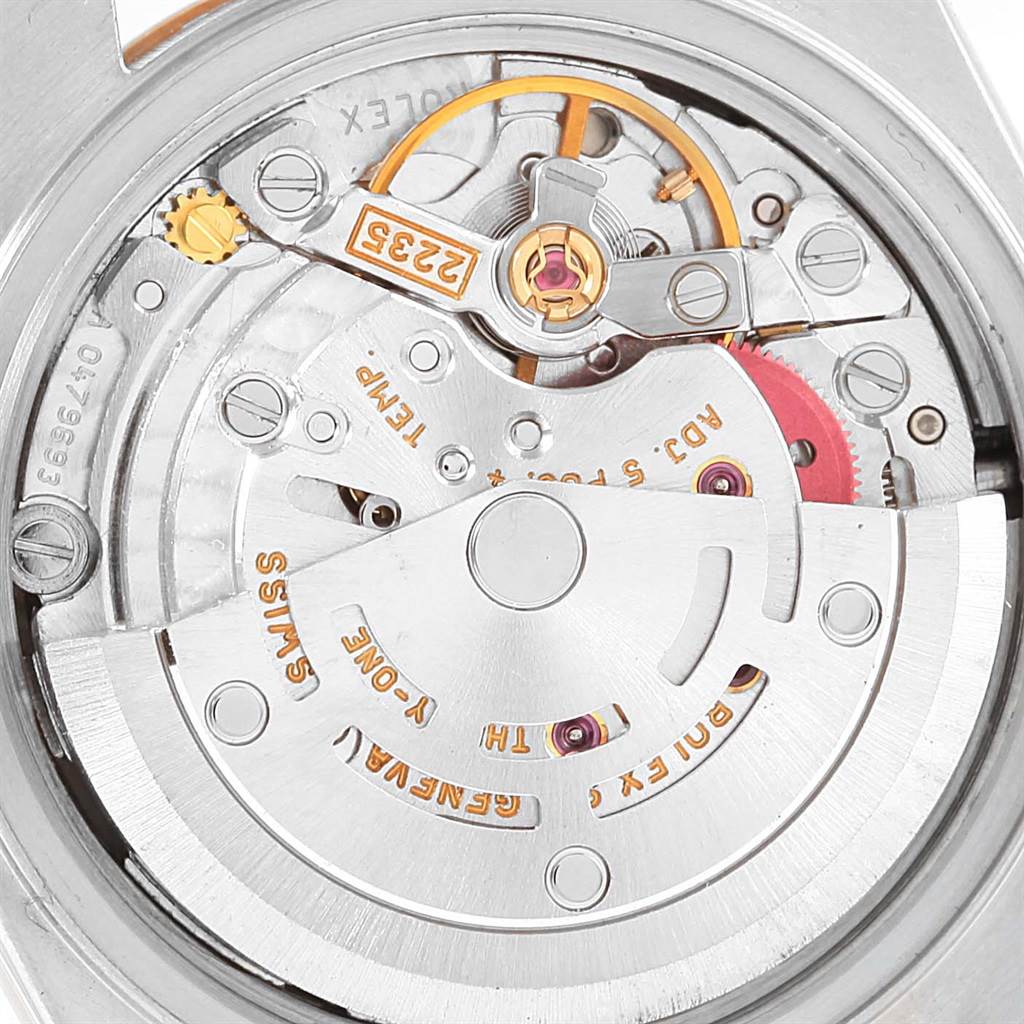 This image shows a close-up view of the internal movement mechanism of a Rolex Datejust 79173 Women's Stainless Steel Silver Dial 79173 Women's Stainless Steel Silver Dial watch.