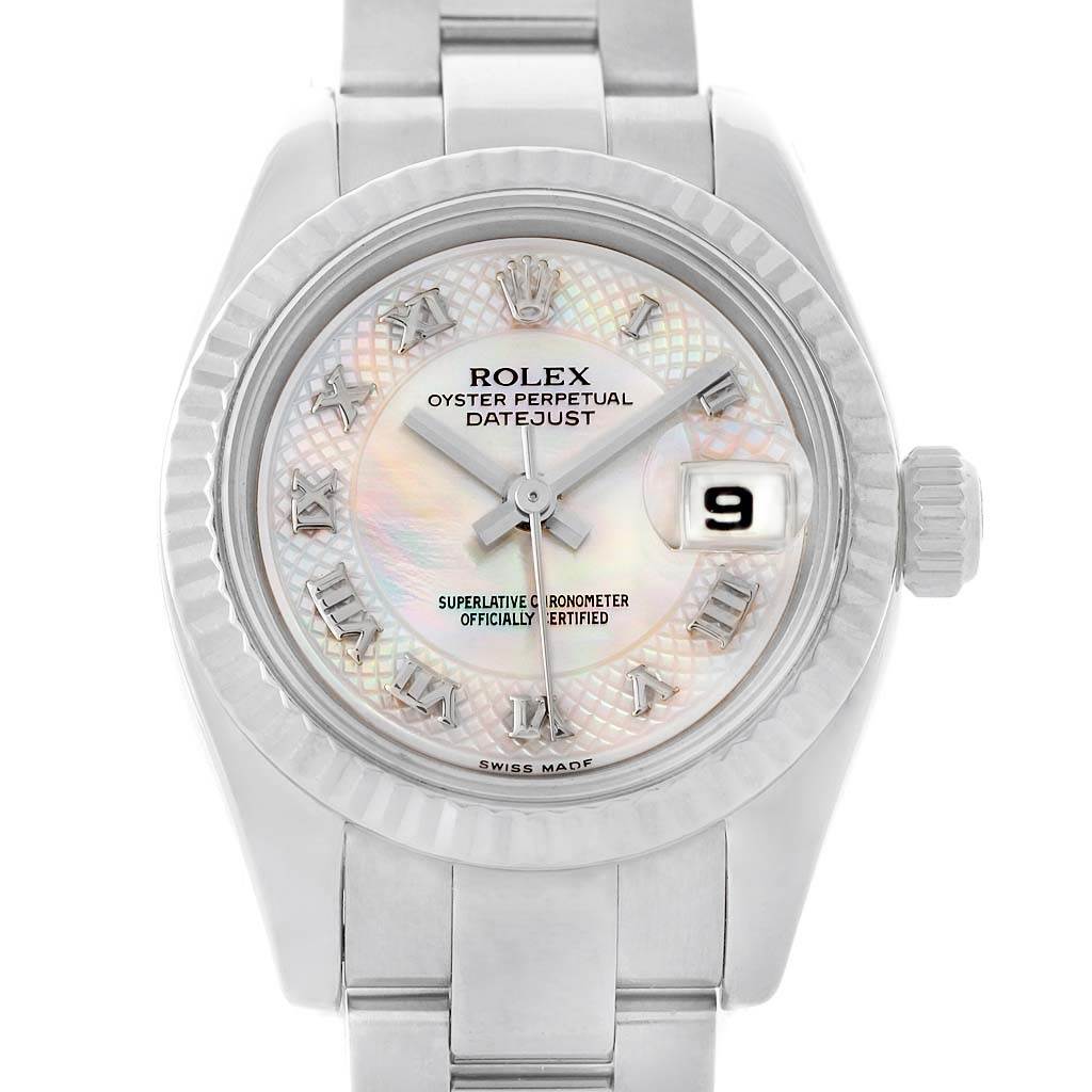 This image shows a close-up of the Rolex Datejust 179174 Women's Stainless Steel Mother of Pearl Dial 179174 Women's Stainless Steel Mother of Pearl Dial watch face, including the dial, date window, hands, and part of the bracelet.