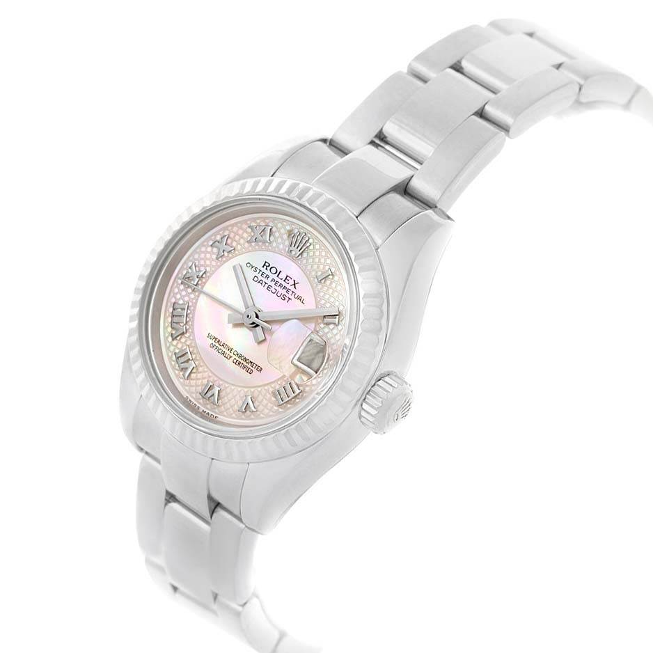 The Rolex Datejust 179174 Women's Stainless Steel Mother of Pearl Dial 179174 Women's Stainless Steel Mother of Pearl Dial watch is shown from an angled side view, highlighting the face, bezel, crown, and part of the bracelet.