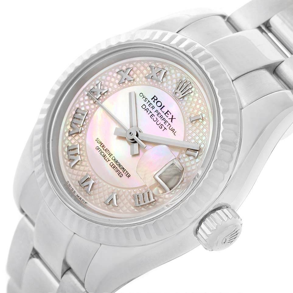 The image shows a Rolex Datejust 179174 Women's Stainless Steel Mother of Pearl Dial 179174 Women's Stainless Steel Mother of Pearl Dial watch face, partial strap, bezel, and crown from an angled close-up view.