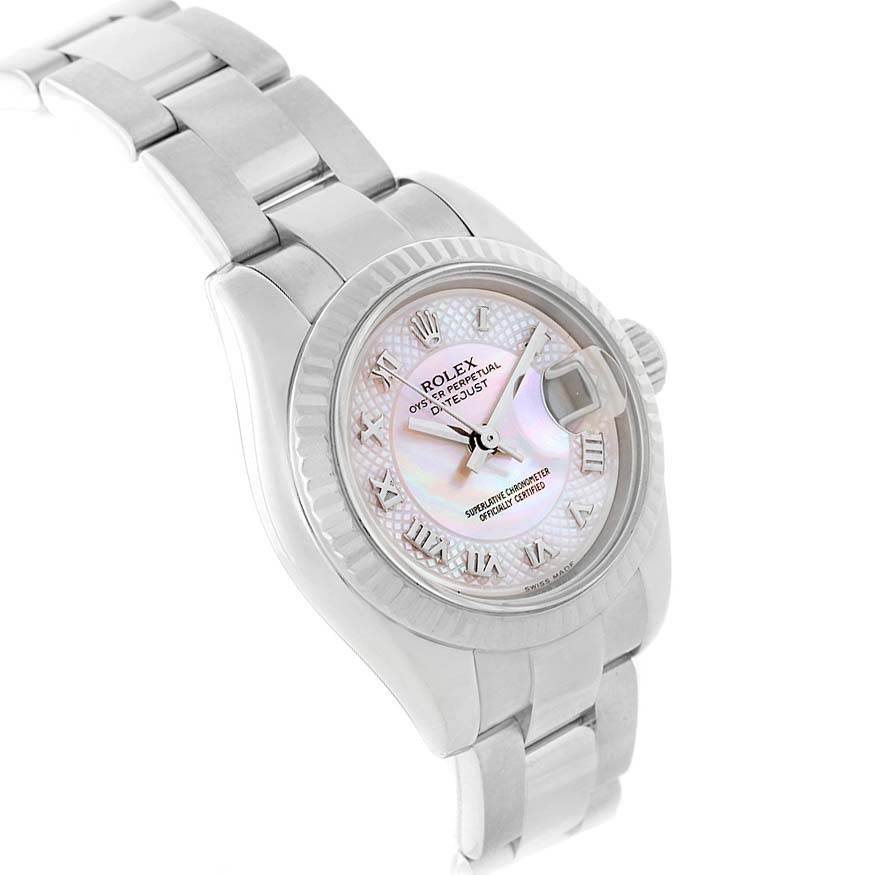 The Rolex Datejust 179174 Women's Stainless Steel Mother of Pearl Dial 179174 Women's Stainless Steel Mother of Pearl Dial watch is shown from a slightly angled view, displaying the dial, bezel, and part of the bracelet.