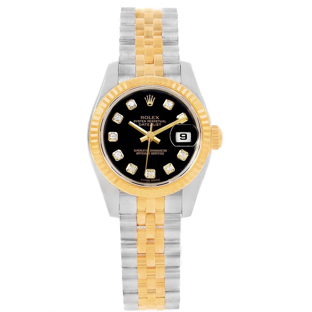 The image shows a front view of the Rolex 179173 Men's Steel and Gold (two tone) Black Dial 179173 Men's Steel and Gold (two tone) Black Dial Datejust Steel Yellow Gold Diamond Ladies Watch 179173, featuring its face, bezel, and bracelet.