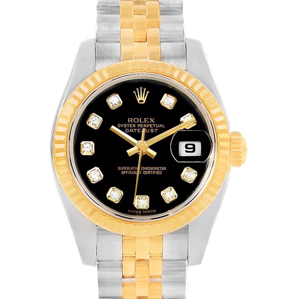 This image shows a front view of the Rolex 179173 Men's Steel and Gold (two tone) Black Dial 179173 Men's Steel and Gold (two tone) Black Dial Datejust Steel Yellow Gold Diamond Ladies Watch 179173 Box Card model.