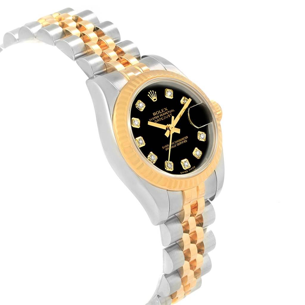This image shows a Rolex 179173 Men's Steel and Gold (two tone) Black Dial 179173 Men's Steel and Gold (two tone) Black Dial Datejust Steel Yellow Gold Diamond Ladies Watch model 179173 at a slight angle highlighting the face, bezel, and bracelet.