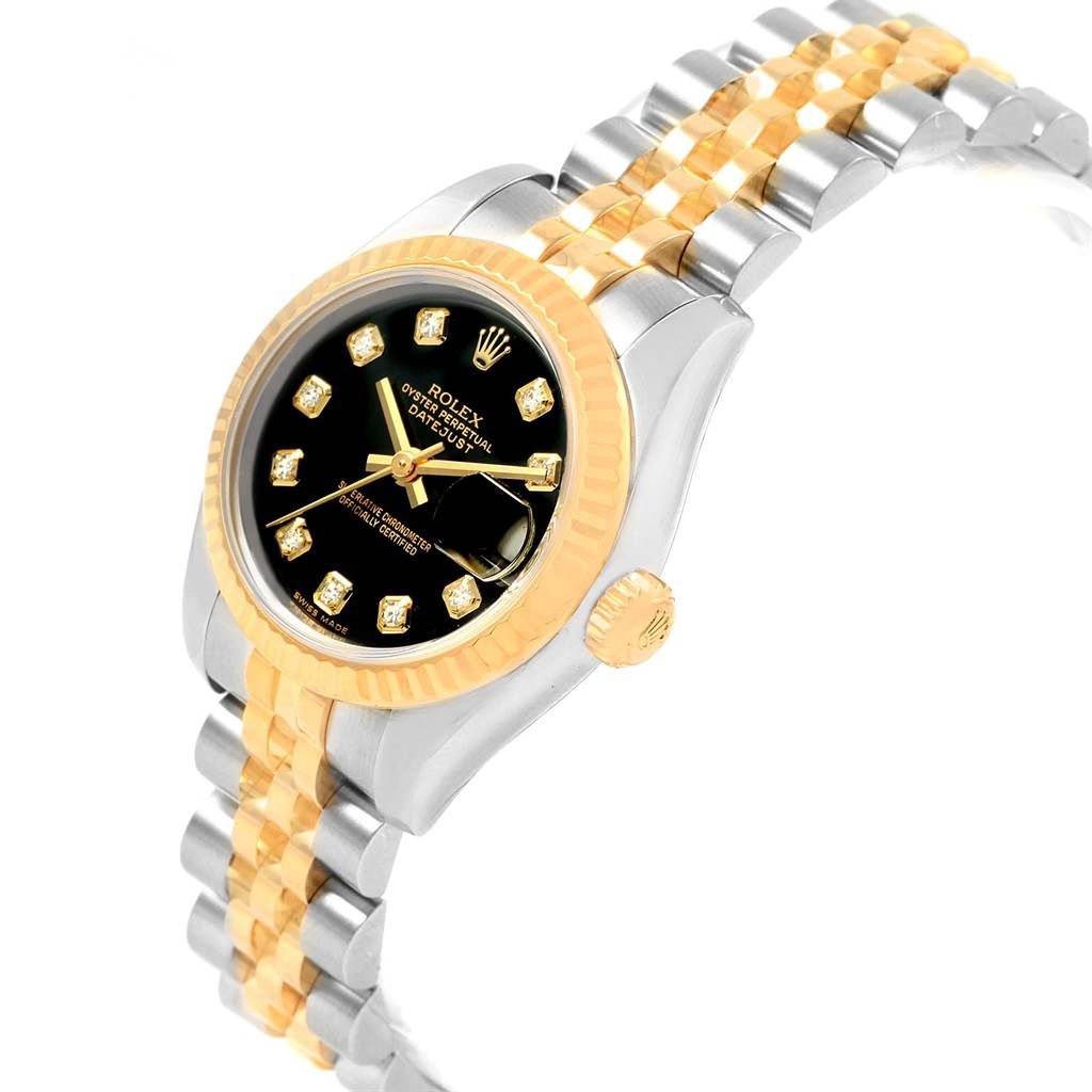 The Rolex 179173 Men's Steel and Gold (two tone) Black Dial 179173 Men's Steel and Gold (two tone) Black Dial Datejust Steel Yellow Gold Diamond Ladies Watch 179173 is shown from a front angle, highlighting the dial, bezel, and bracelet.