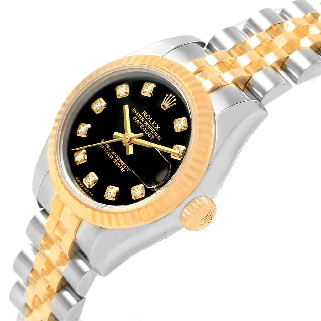 The image shows the Rolex 179173 Men's Steel and Gold (two tone) Black Dial 179173 Men's Steel and Gold (two tone) Black Dial Datejust Steel Yellow Gold Diamond Ladies Watch 179173 from an angled side view, featuring its bracelet and black diamond dial.