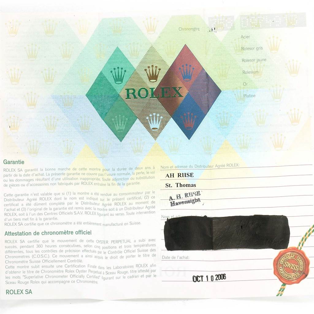 This image shows the warranty card for the Rolex 179173 Men's Steel and Gold (two tone) Black Dial 179173 Men's Steel and Gold (two tone) Black Dial Datejust Steel Yellow Gold Diamond Ladies Watch 179173 model.