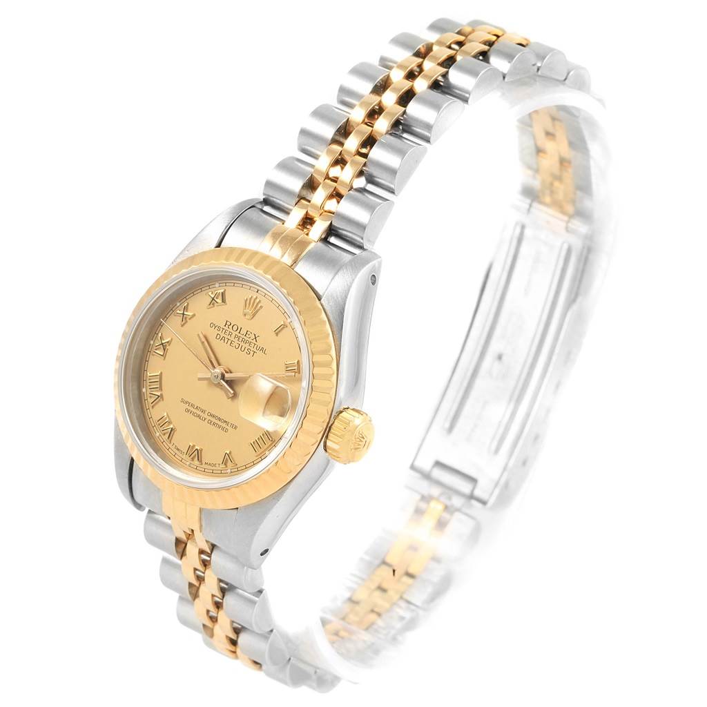 This is a Rolex Datejust 69163 Women's Stainless Steel Champagne Dial 69163 Women's Stainless Steel Champagne Dial watch shown at a slight angle, highlighting its face, bezel, and two-tone bracelet.