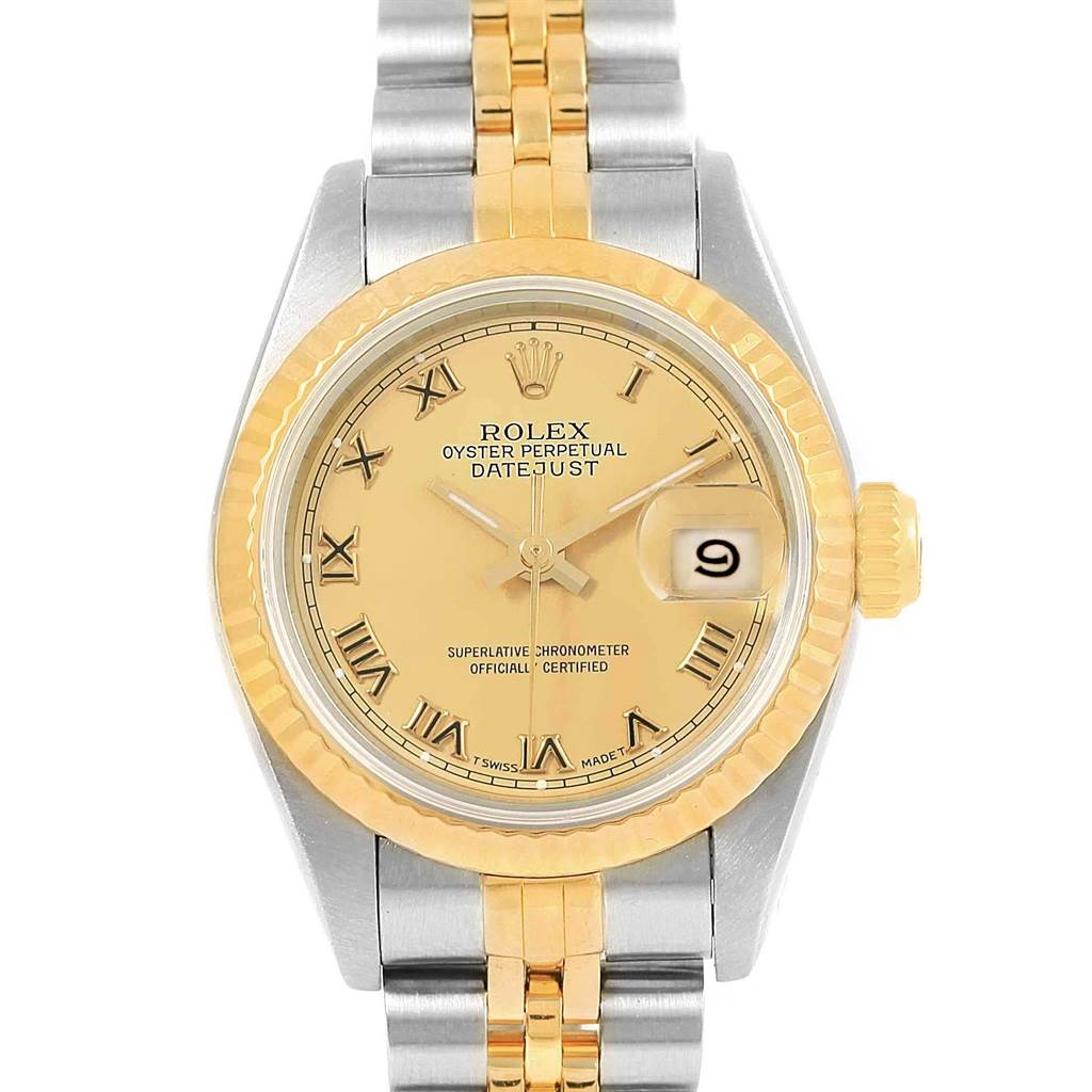 This image shows a frontal view of the Rolex Datejust 69163 Women's Stainless Steel Champagne Dial 69163 Women's Stainless Steel Champagne Dial watch, highlighting the dial, bezel, bracelet, and date window.