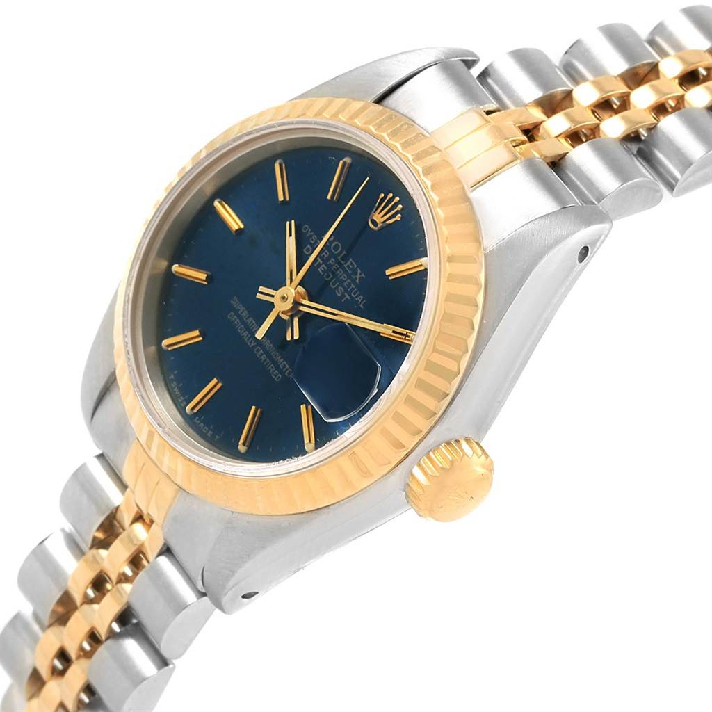 The image shows a Rolex Datejust 69173 Women's Stainless Steel Blue Dial 69173 Women's Stainless Steel Blue Dial watch at an angled close-up, highlighting the dial, bezel, crown, and part of the bracelet.