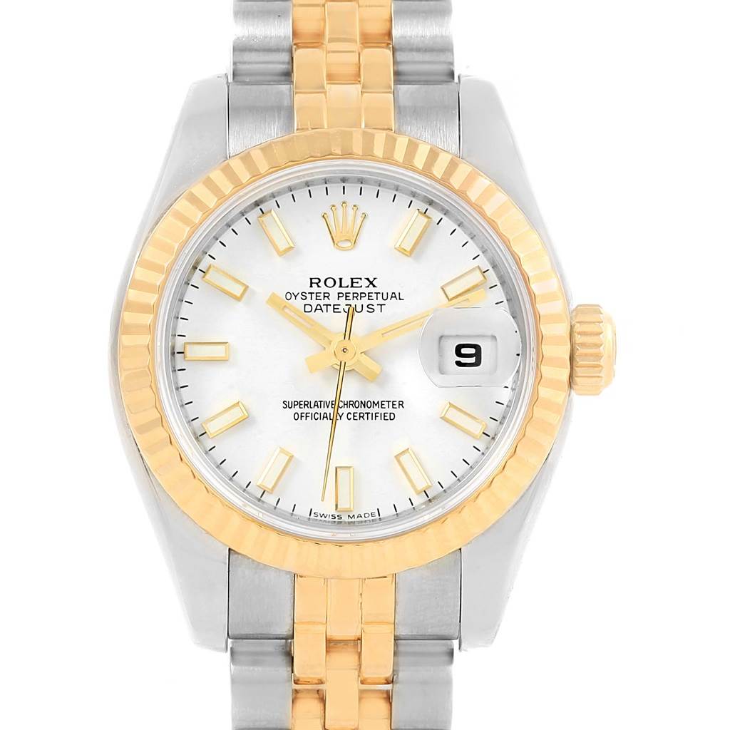 The image shows a front view of a Rolex Datejust 179173 Women's Steel and Gold (two tone) White Dial 179173 Women's Steel and Gold (two tone) White Dial watch, highlighting its dial, bezel, and bracelet.