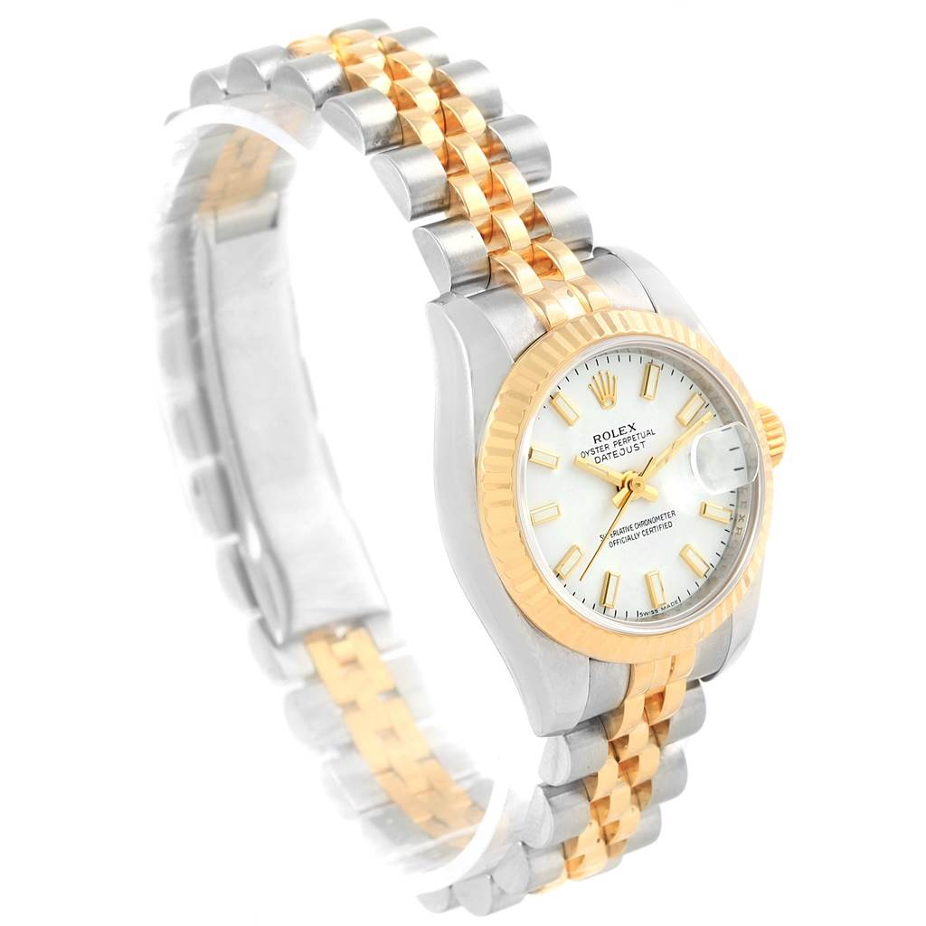 The Rolex Datejust 179173 Women's Steel and Gold (two tone) White Dial 179173 Women's Steel and Gold (two tone) White Dial watch is shown from a slight left-side angle, highlighting the face, bezel, and two-tone bracelet.