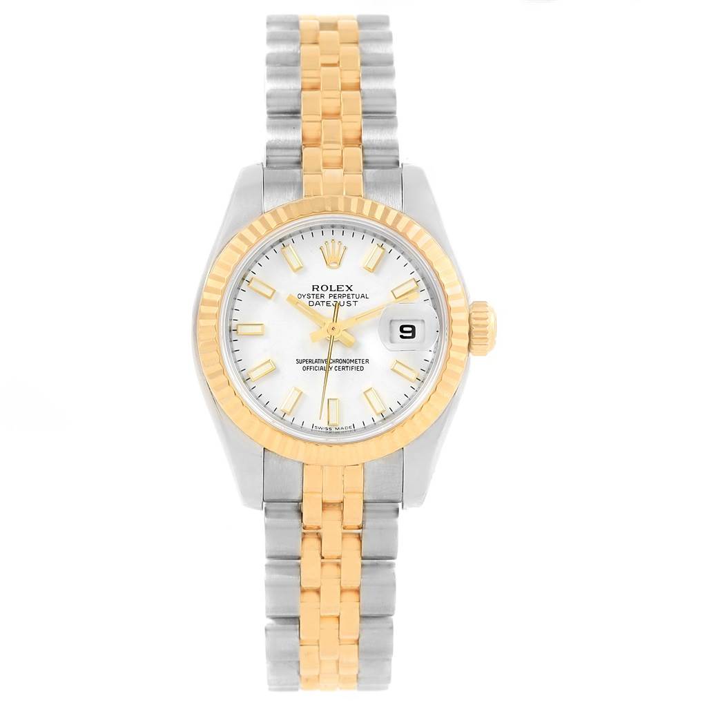 The image shows a frontal view of a Rolex Datejust 179173 Women's Steel and Gold (two tone) White Dial 179173 Women's Steel and Gold (two tone) White Dial watch, displaying the face, bezel, and two-tone bracelet.