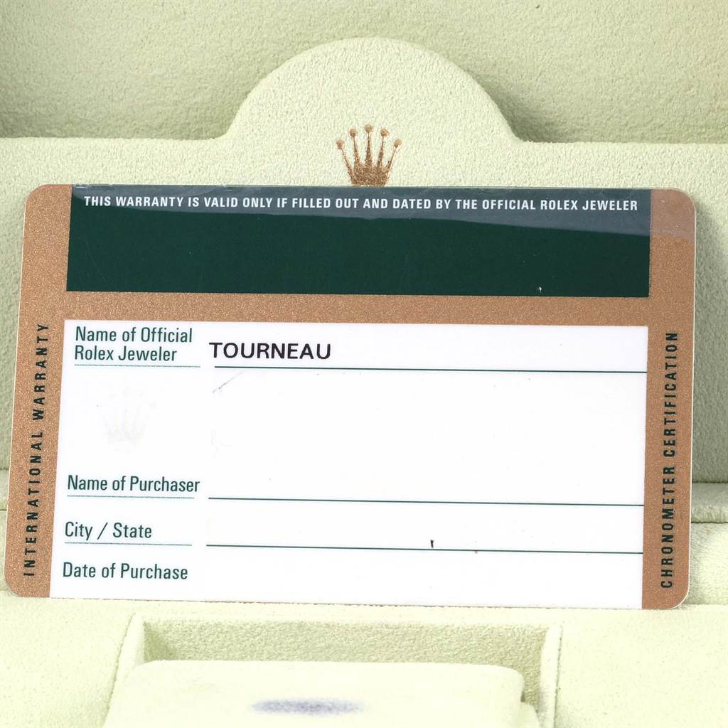 The image shows the warranty card of a Rolex Datejust 179173 Women's Steel and Gold (two tone) White Dial 179173 Women's Steel and Gold (two tone) White Dial watch, partially inserted in its holder.