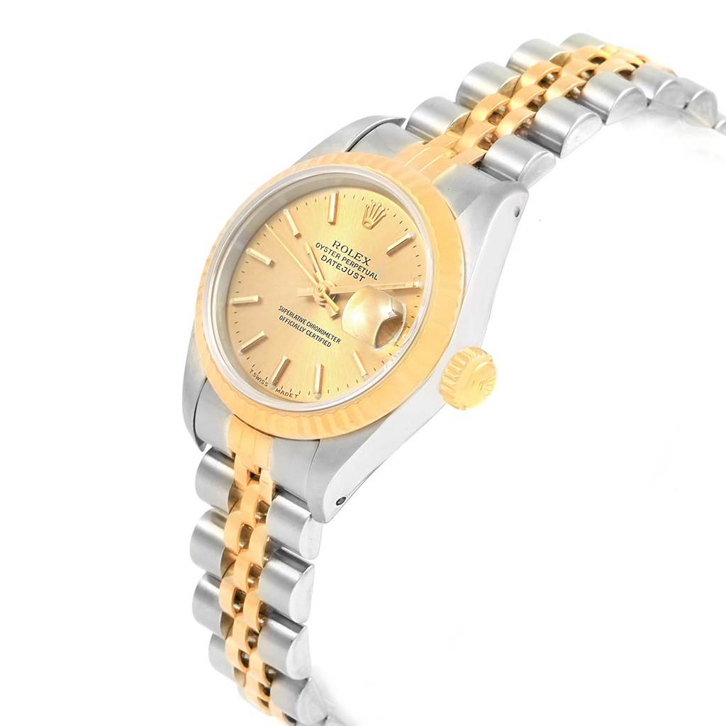 The Rolex Datejust 69173 Women's Stainless Steel White Dial 69173 Women's Stainless Steel White Dial watch is shown at a slight angle, featuring the dial, crown, bezel, and part of the bracelet.