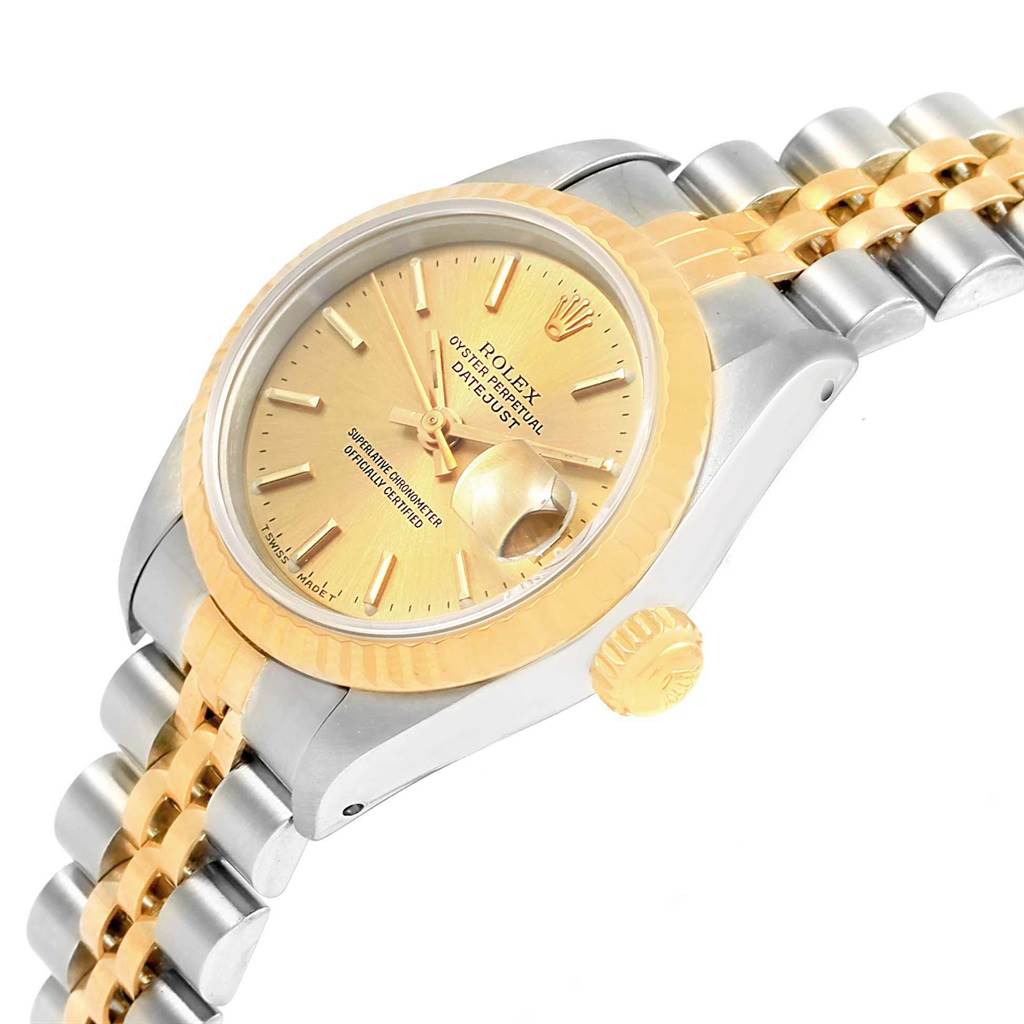 This image shows a side angle of the Rolex Datejust 69173 Women's Stainless Steel White Dial 69173 Women's Stainless Steel White Dial watch, highlighting its dial, bezel, crown, and two-tone bracelet.