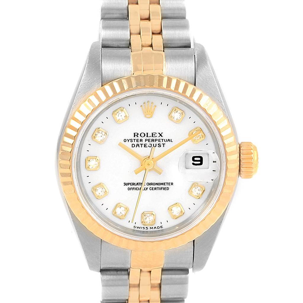 The image shows a Rolex Datejust 79173 Women's Stainless Steel White Dial 79173 Women's Stainless Steel White Dial watch from a front angle, displaying the face, bezel, and part of the bracelet.