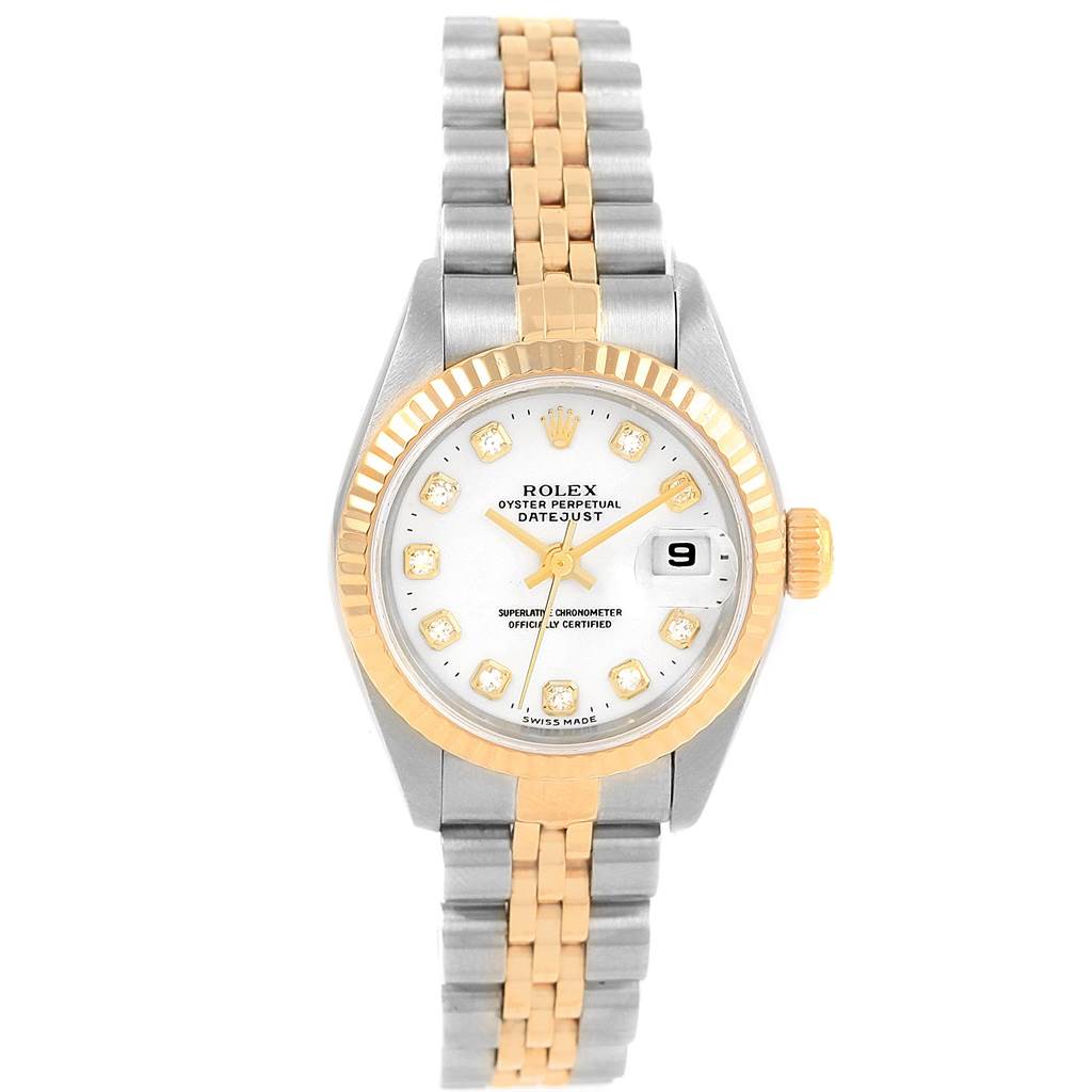The Rolex Datejust 79173 Women's Stainless Steel White Dial 79173 Women's Stainless Steel White Dial watch is shown from a top-down angle, displaying its face, fluted bezel, and two-tone bracelet.