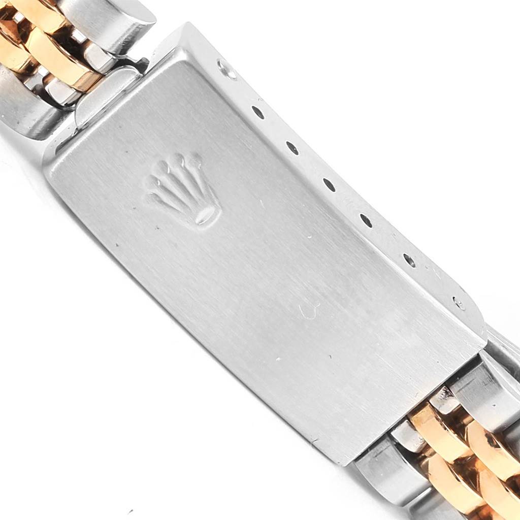 This image shows a close-up of the clasp from the bracelet of the Rolex Datejust 79173 Women's Stainless Steel White Dial 79173 Women's Stainless Steel White Dial watch.