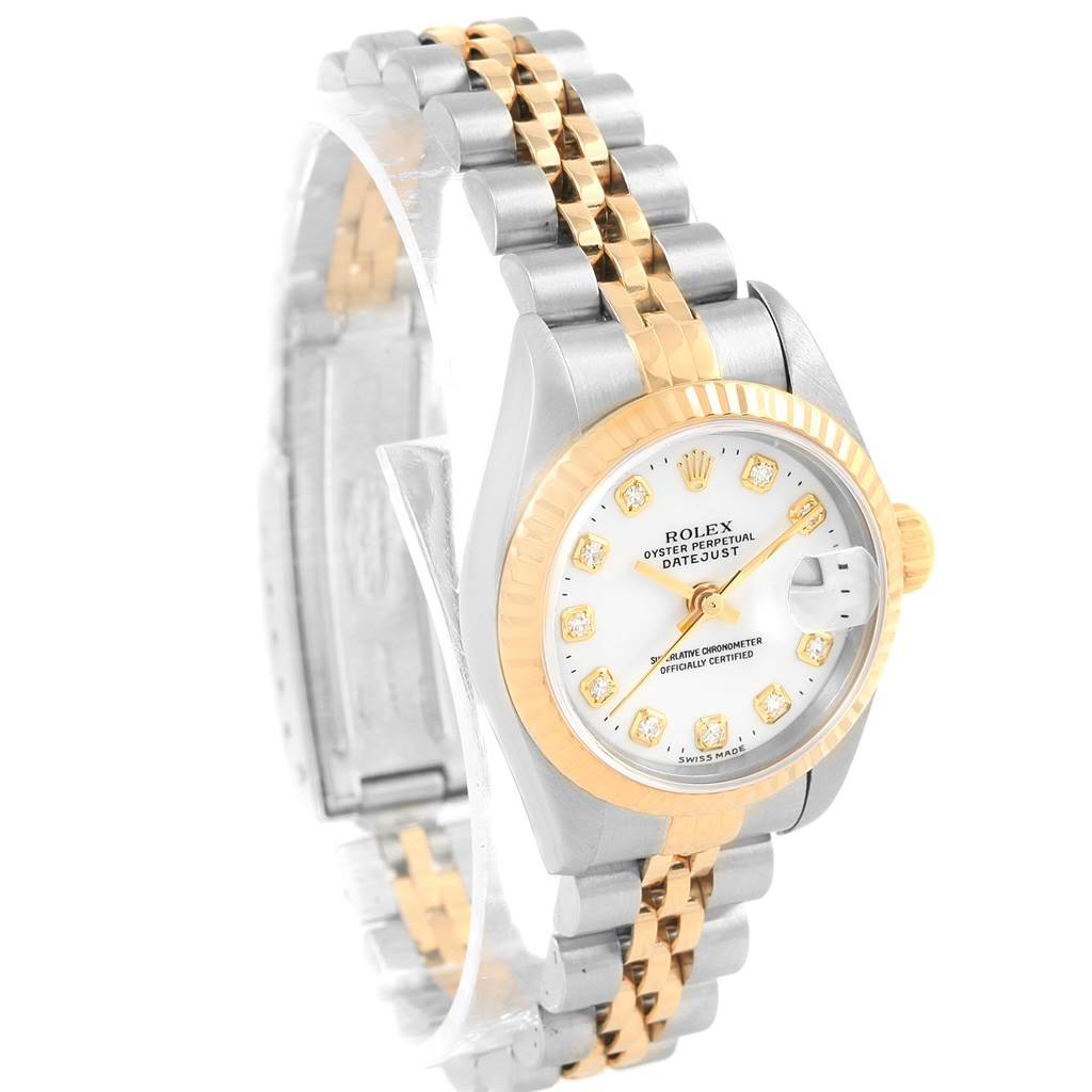 The Rolex Datejust 79173 Women's Stainless Steel White Dial 79173 Women's Stainless Steel White Dial watch is shown at a slight angle, highlighting the face, bezel, and two-tone bracelet.