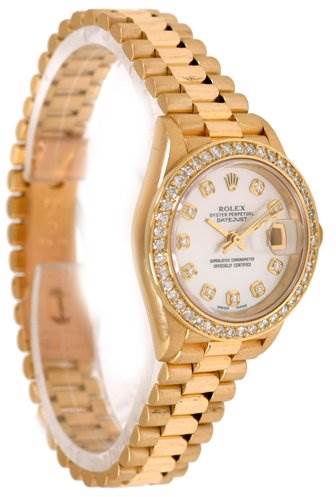 ladies 18k gold rolex datejust president diamond watch