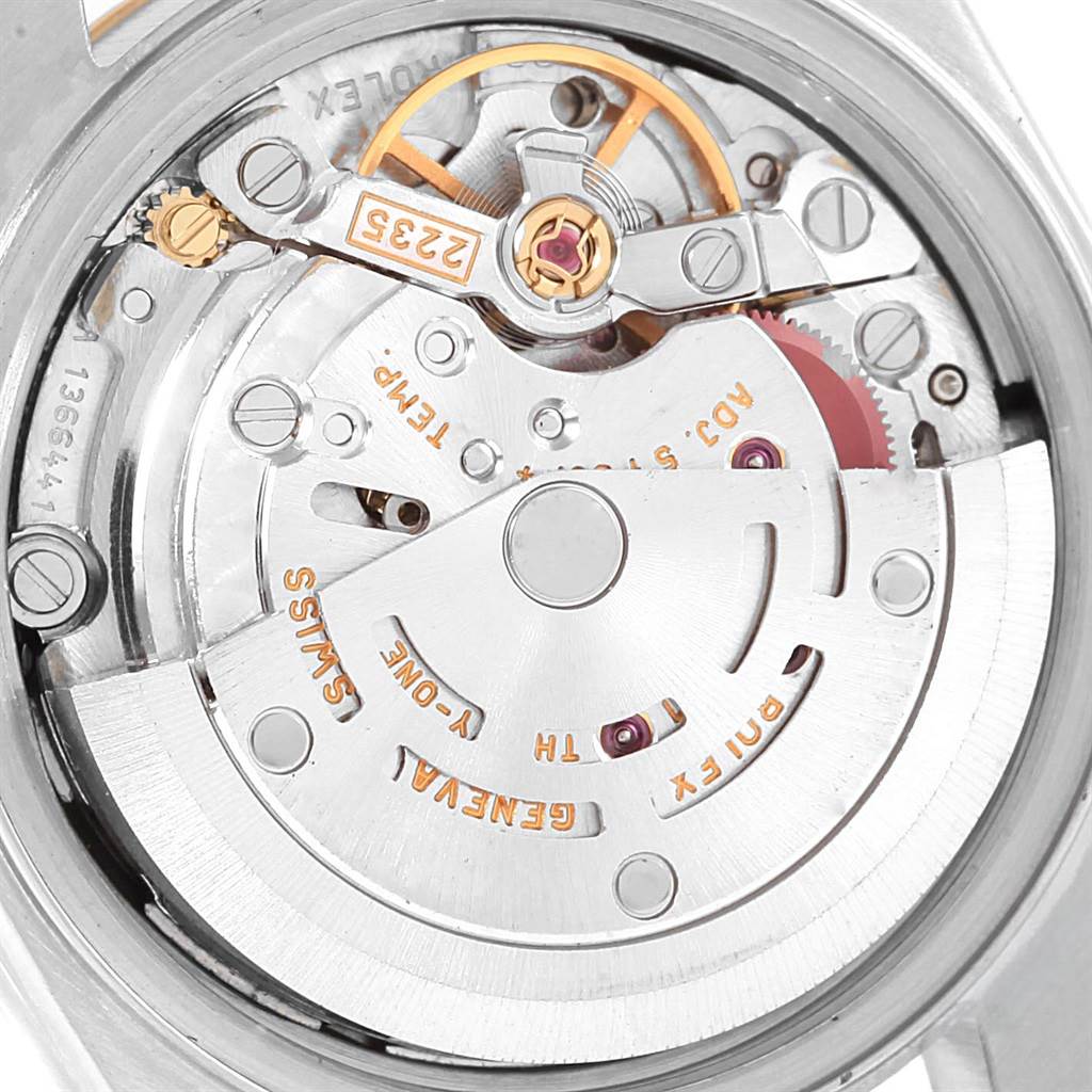 The image shows the intricate internal mechanism of a Rolex Datejust 79173 Women's Stainless Steel Black Dial 79173 Women's Stainless Steel Black Dial watch, viewed from the back.