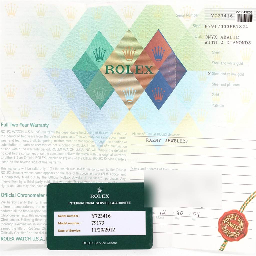 The image displays the warranty papers and service guarantee card for a Rolex Datejust 79173 Women's Stainless Steel Black Dial 79173 Women's Stainless Steel Black Dial model 79173 watch.