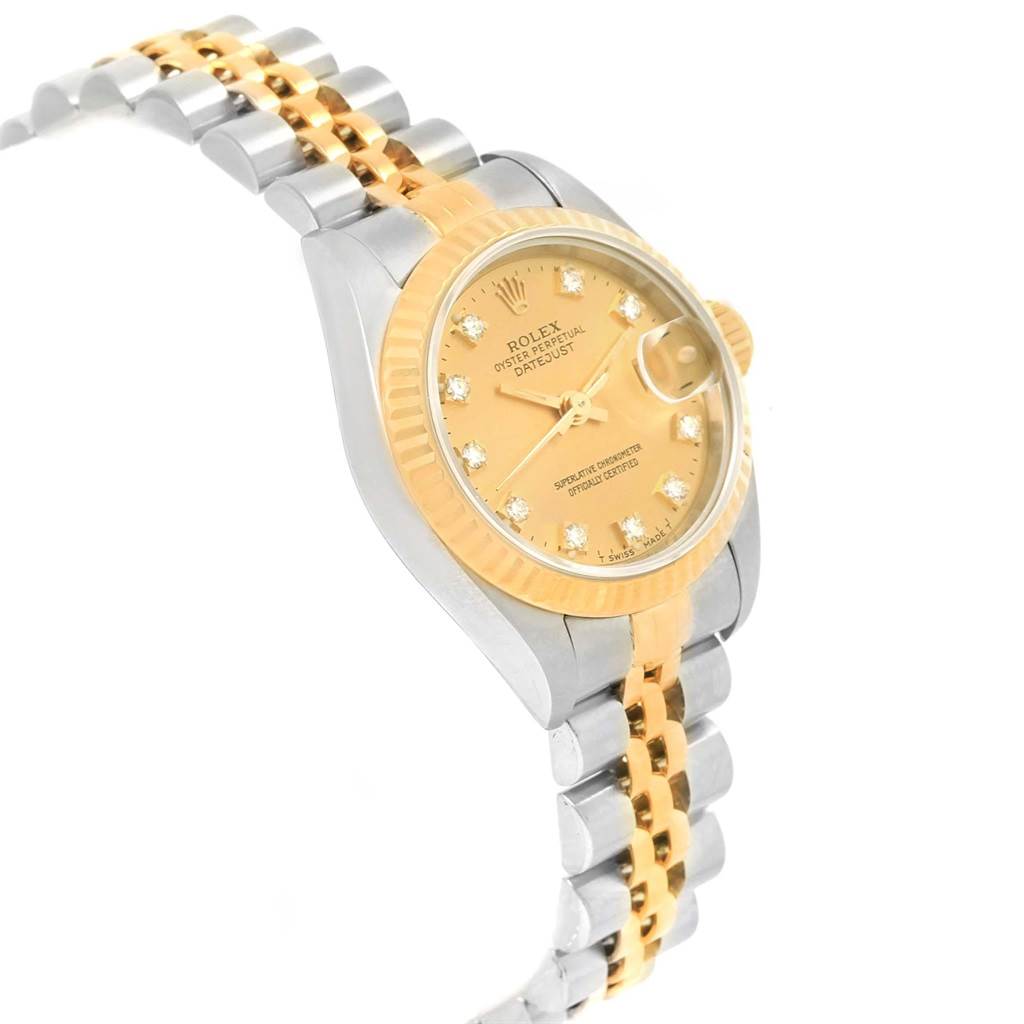 The image shows a Rolex Datejust 69173 Women's Stainless Steel Champagne Dial 69173 Women's Stainless Steel Champagne Dial watch from an angled top view showcasing the dial, bezel, and Jubilee bracelet.