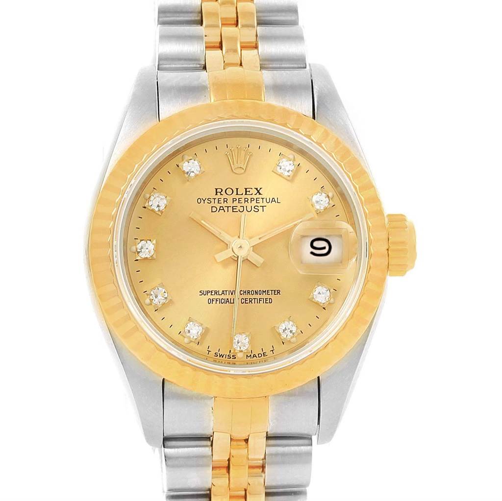 The image shows a front view of a Rolex Datejust 69173 Women's Stainless Steel Champagne Dial 69173 Women's Stainless Steel Champagne Dial watch, highlighting its gold dial, diamond markers, two-tone jubilee bracelet, and date window.