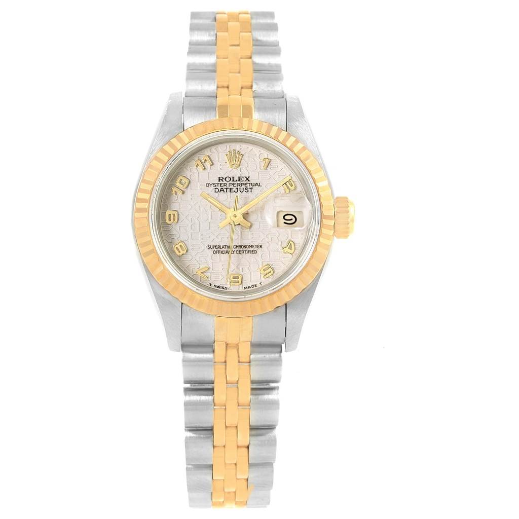 This image shows a frontal view of the Rolex Datejust 69173 Women's Stainless Steel Beige Dial 69173 Women's Stainless Steel Beige Dial watch, highlighting its dial, bezel, and two-tone bracelet.